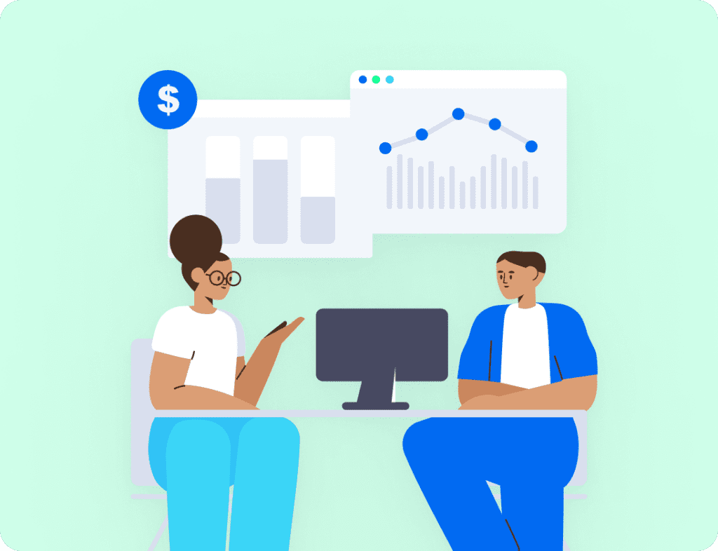 An illustration of two people sitting side by side with a computer between them and various graphs and charts hovering overhead