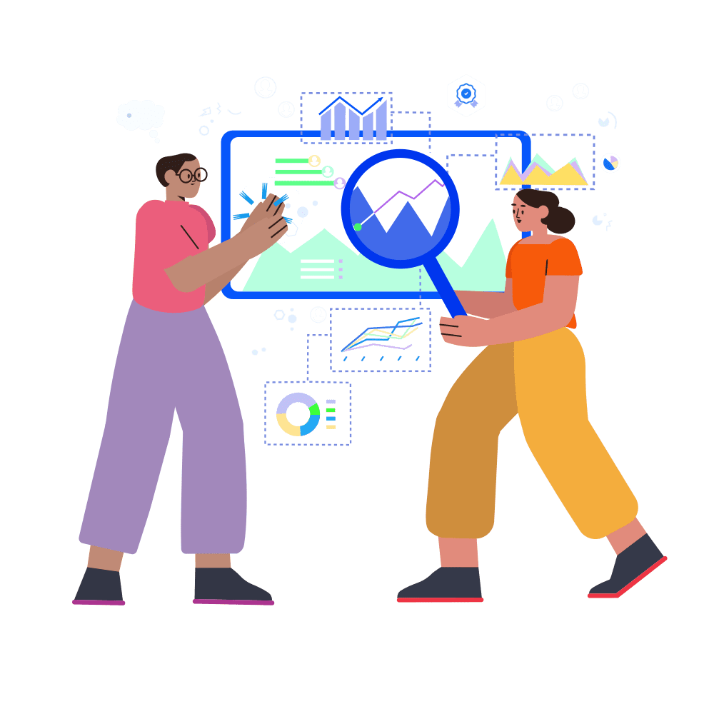 An illustration of two people standing in front of a large screen showing various charts and graphs; the person on the right holds a large magnifying glass over the screen