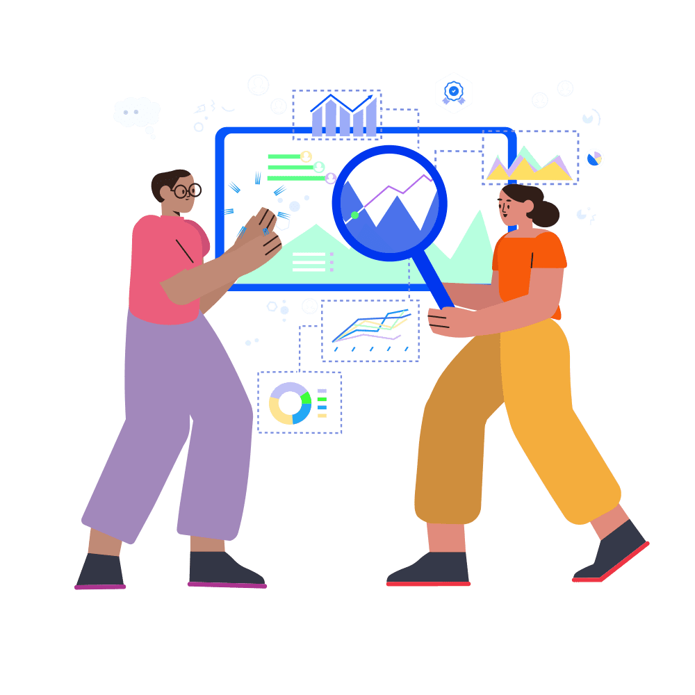 An illustration of two people standing in front of a large screen showing various charts and graphs; the person on the right holds a large magnifying glass over the screen