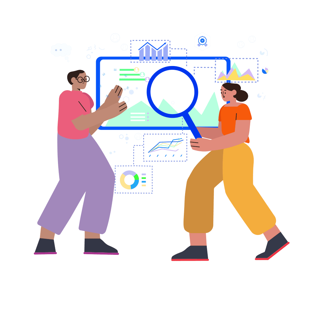 An illustration of two people standing in front of a large screen showing various charts and graphs; the person on the right holds a large magnifying glass over the screen