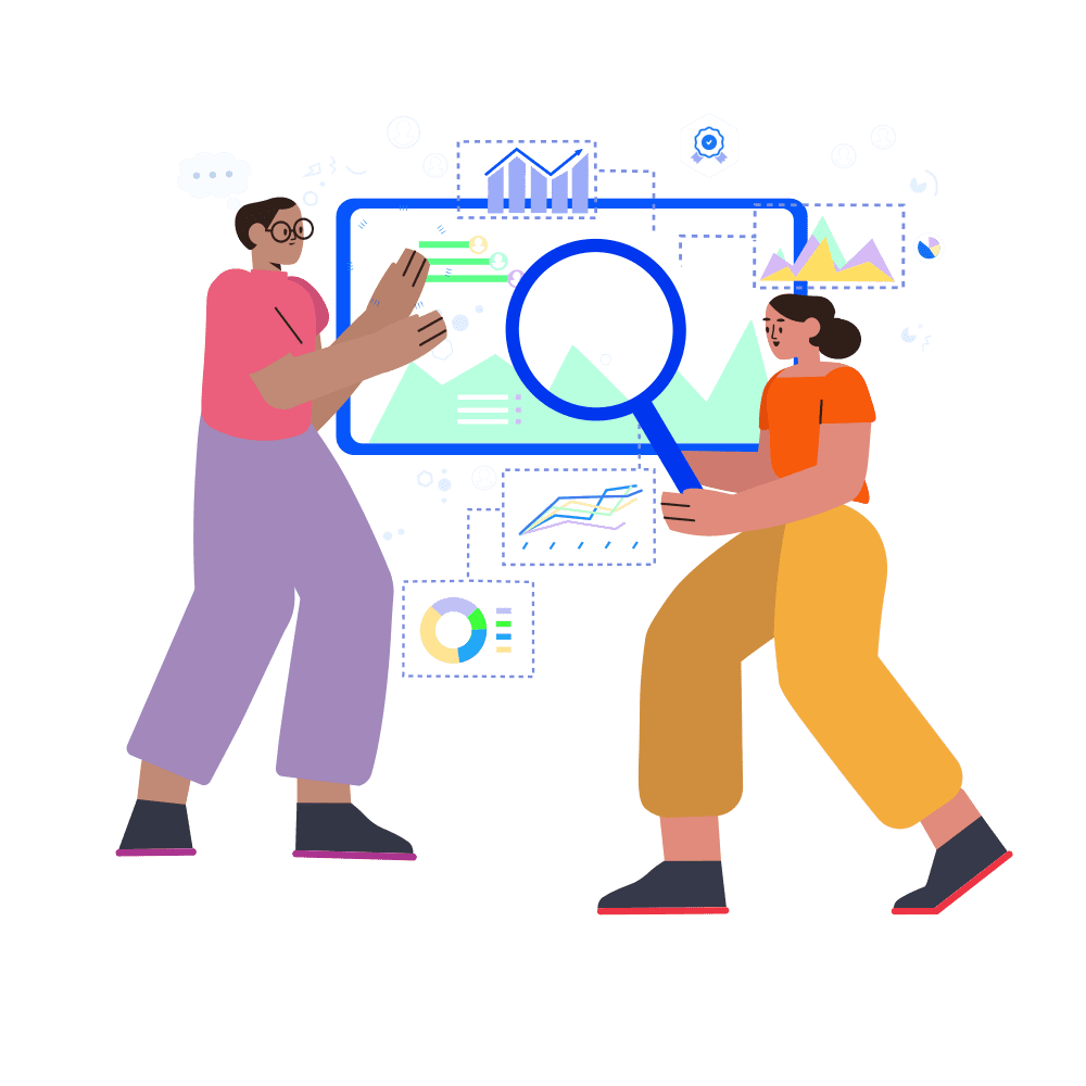 An illustration of two people standing in front of a large screen showing various charts and graphs; the person on the right holds a large magnifying glass over the screen