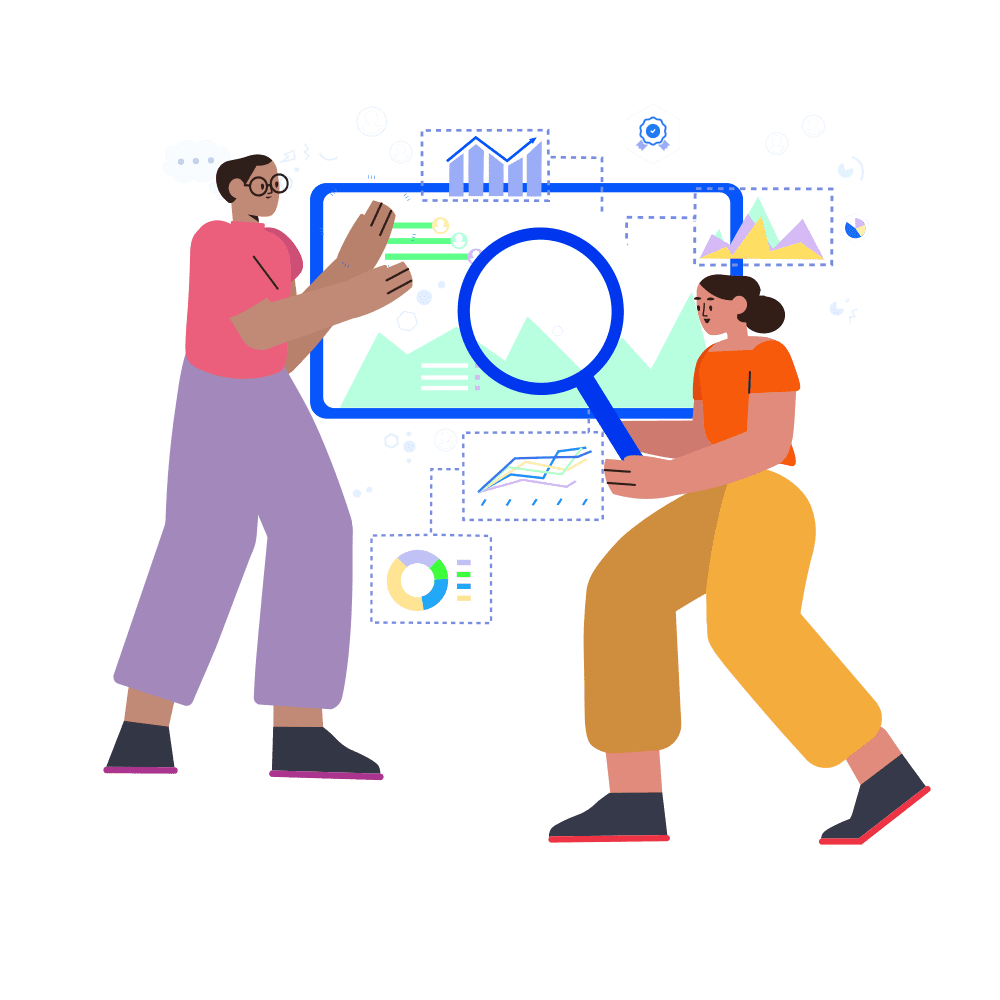 An illustration of two people standing in front of a large screen showing various charts and graphs; the person on the right holds a large magnifying glass over the screen