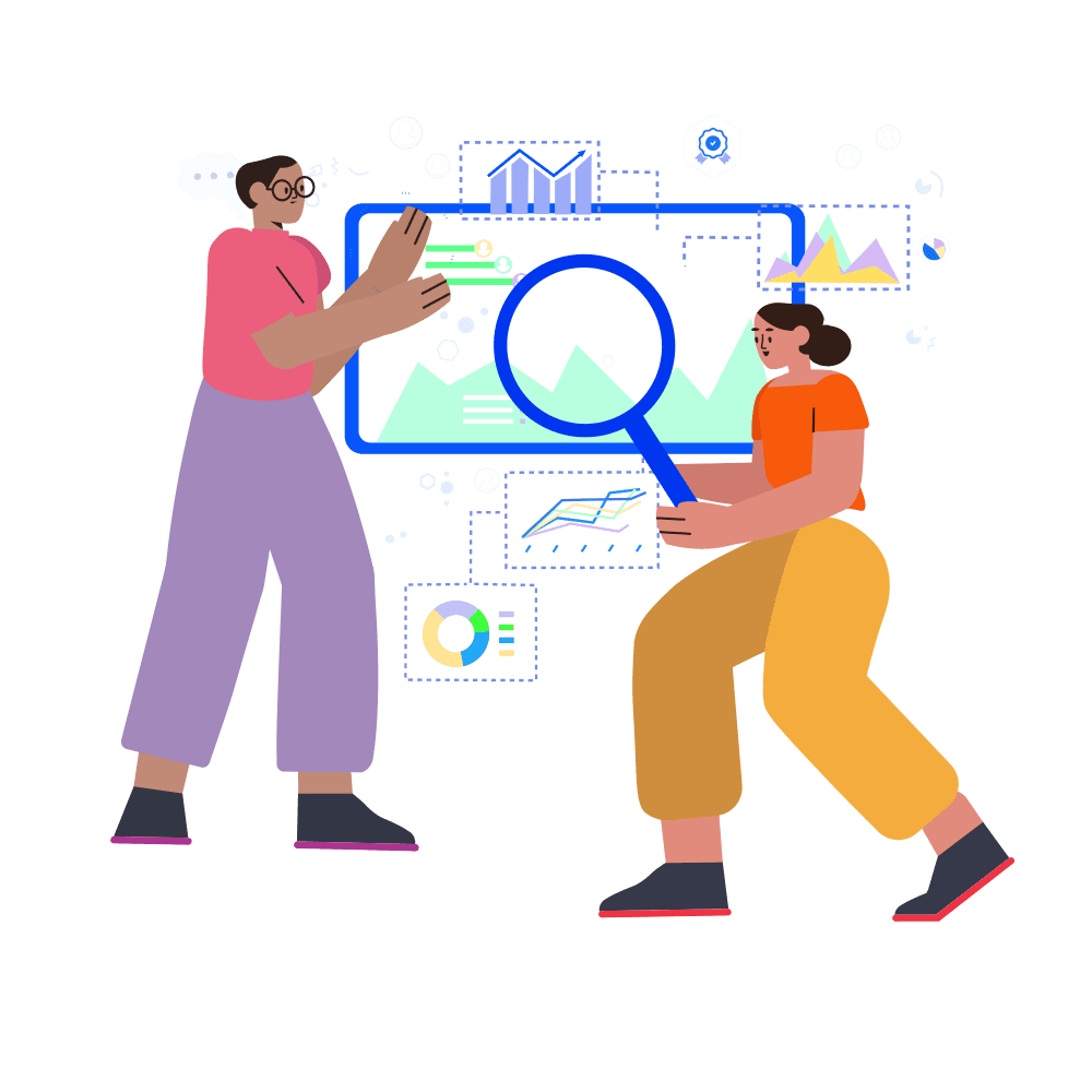 An illustration of two people standing in front of a large screen showing various charts and graphs; the person on the right holds a large magnifying glass over the screen