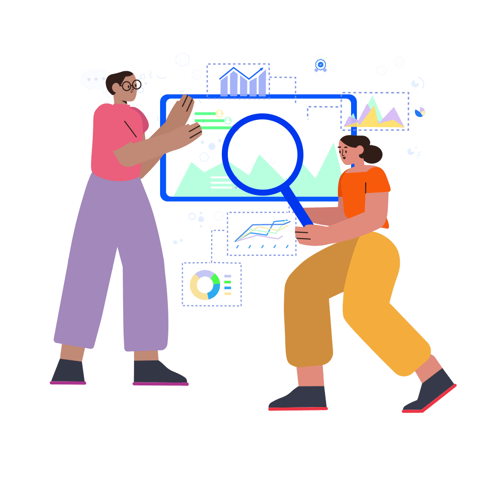 An illustration of two people standing in front of a large screen showing various charts and graphs; the person on the right holds a large magnifying glass over the screen