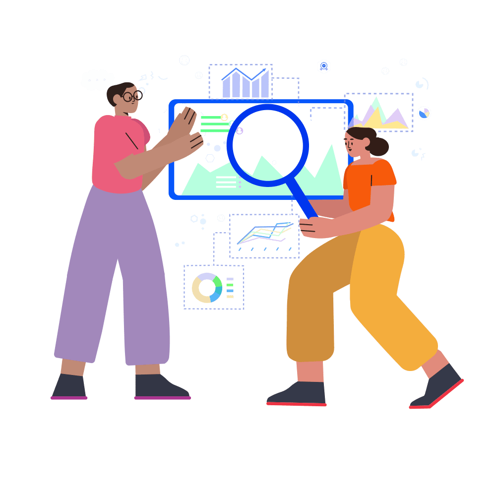 An illustration of two people standing in front of a large screen showing various charts and graphs; the person on the right holds a large magnifying glass over the screen