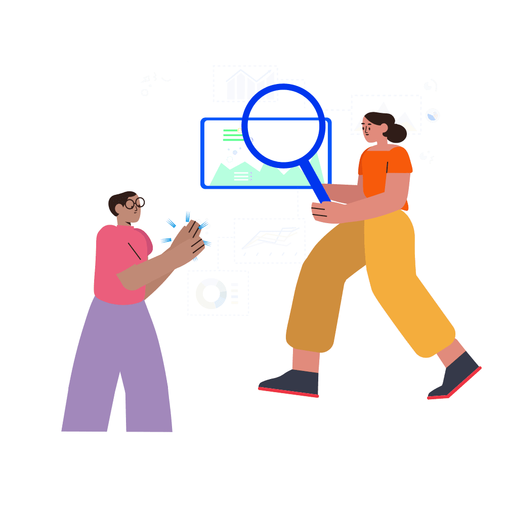 An illustration of two people standing in front of a large screen showing various charts and graphs; the person on the right holds a large magnifying glass over the screen