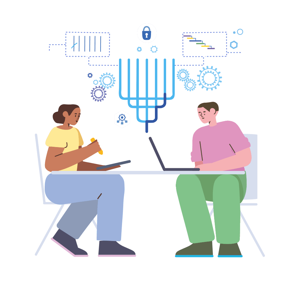 An illustration of two people sitting side by side on chairs, one of them holding a tablet and the other opening a laptop, with a cloud of charts above them