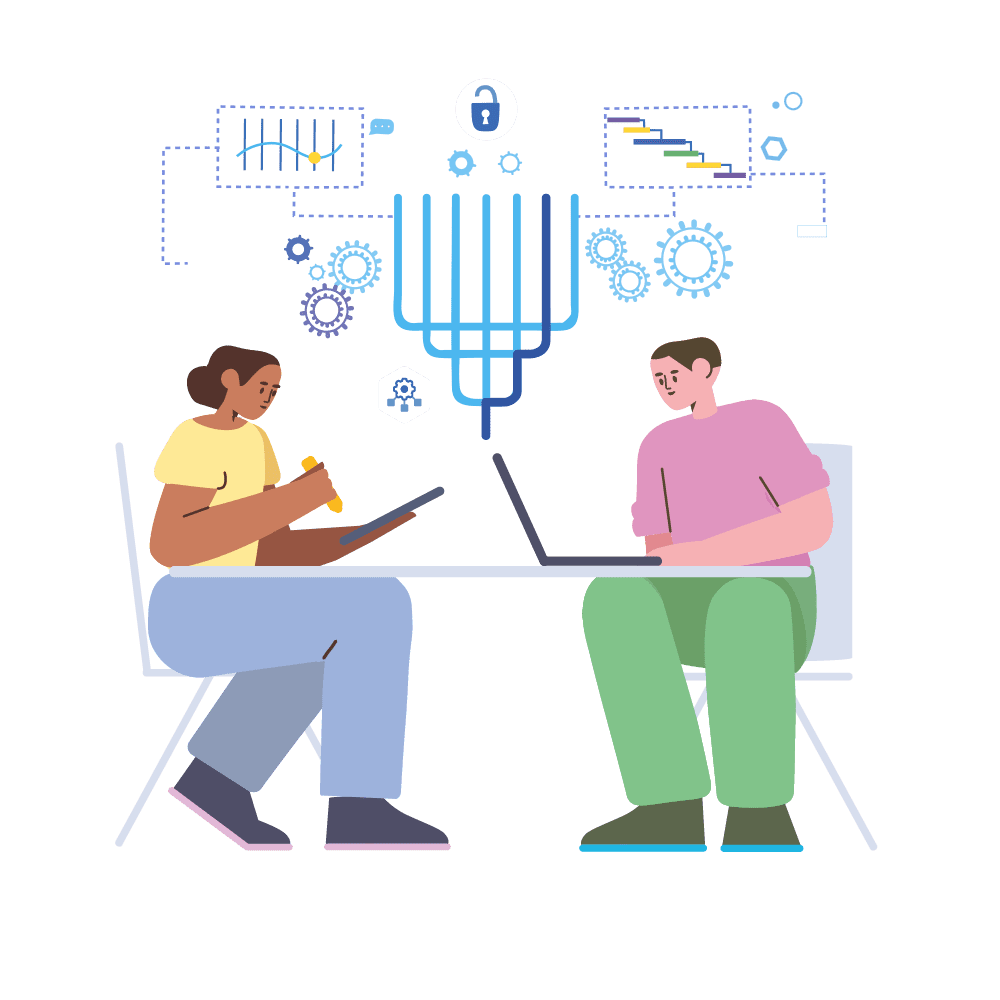 An illustration of two people sitting side by side on chairs, one of them holding a tablet and the other opening a laptop, with a cloud of charts above them