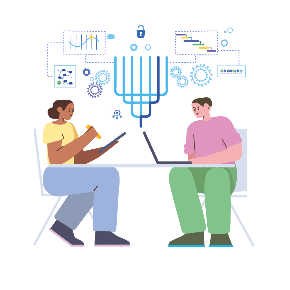 An illustration of two people sitting side by side on chairs, one of them holding a tablet and the other opening a laptop, with a cloud of charts above them