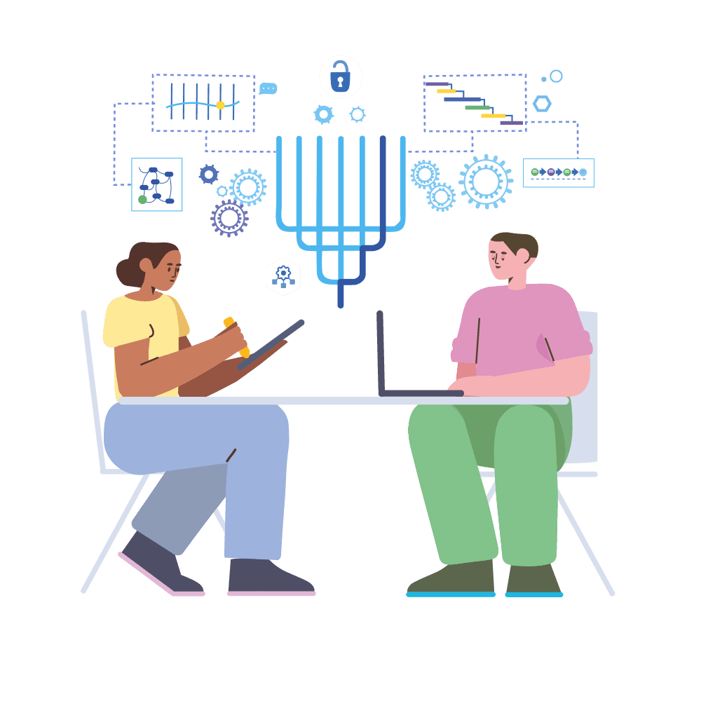 An illustration of two people sitting side by side on chairs, one of them holding a tablet and the other opening a laptop, with a cloud of charts above them