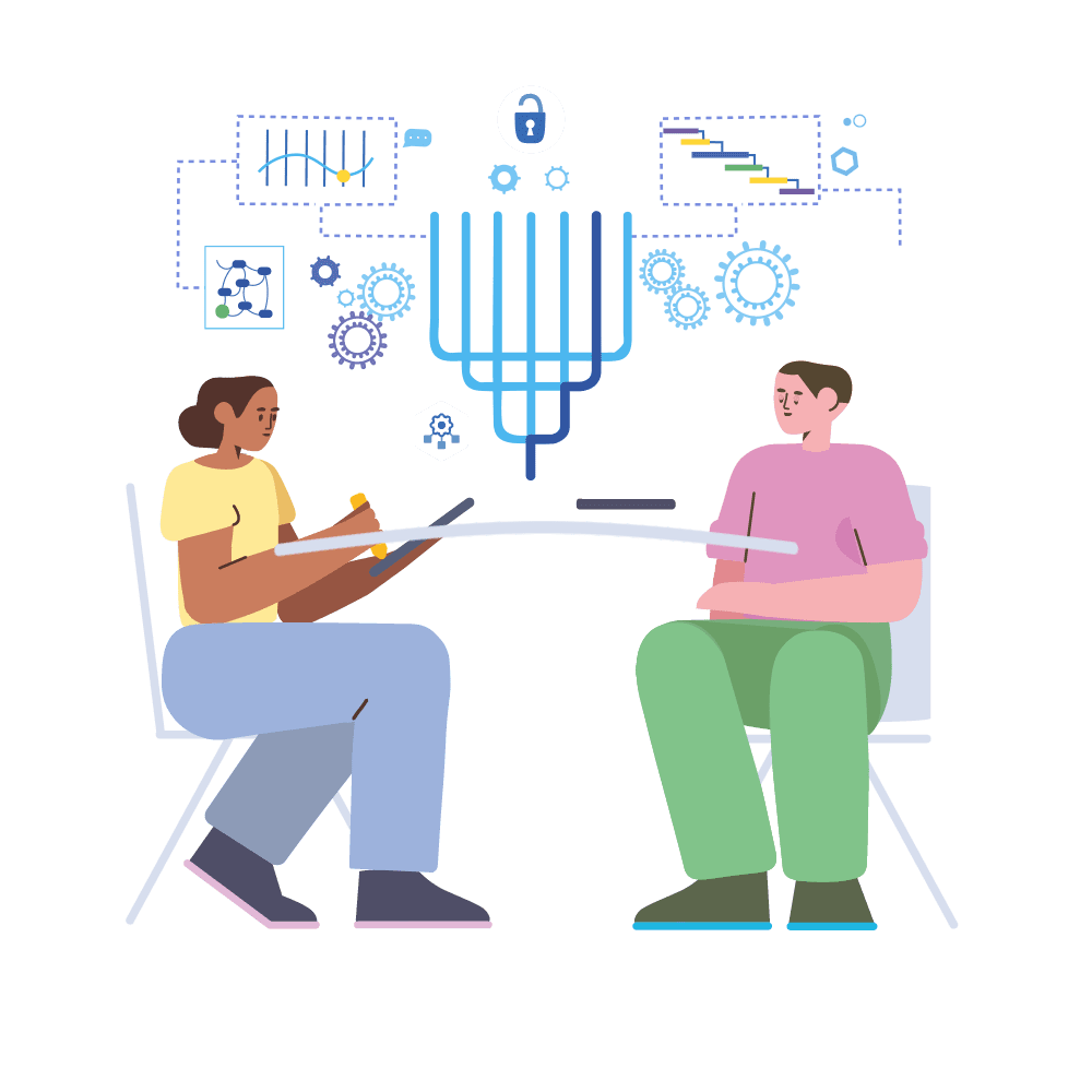 An illustration of two people sitting side by side on chairs, one of them holding a tablet, with a cloud of charts above them