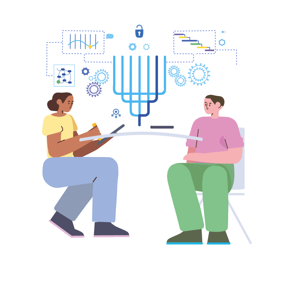 An illustration of two people sitting side by side on chairs, one of them holding a tablet, with a cloud of charts above them