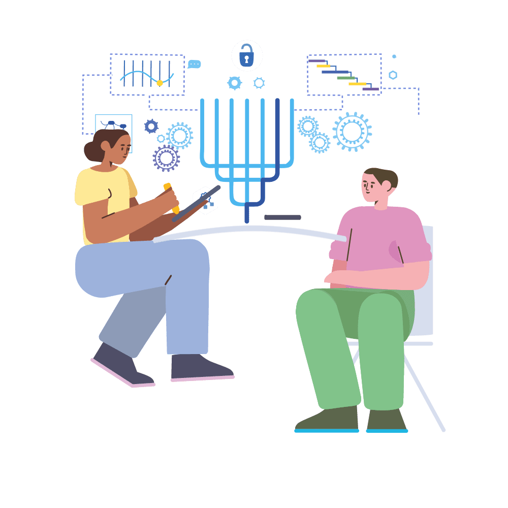 An illustration of two people sitting side by side on chairs, one of them holding a tablet, with a cloud of charts above them