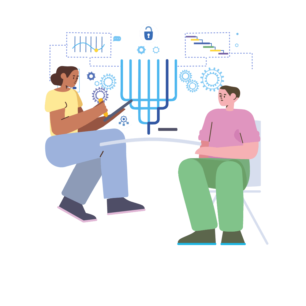 An illustration of two people sitting side by side on chairs, one of them holding a tablet, with a cloud of charts above them