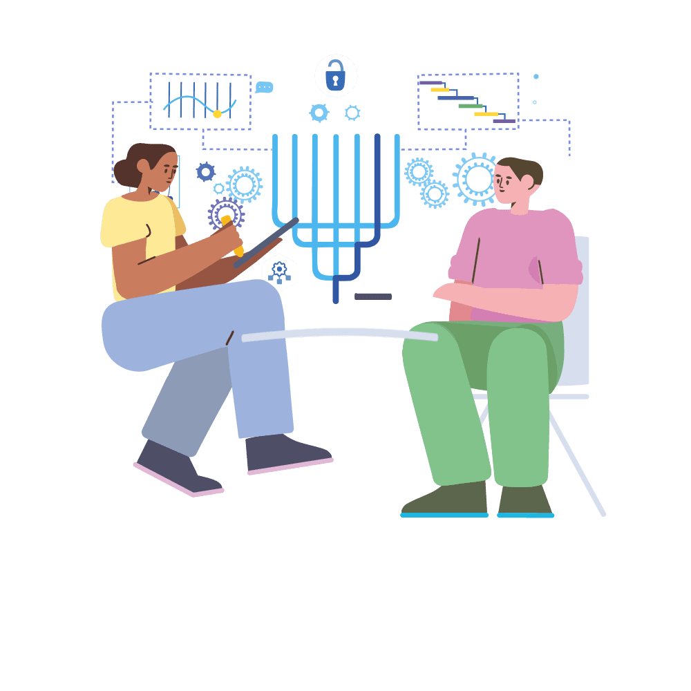 An illustration of two people sitting side by side on chairs, one of them holding a tablet, with a cloud of charts above them