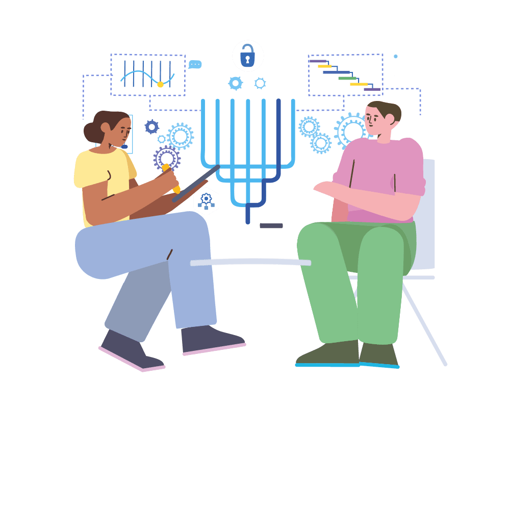 An illustration of two people sitting side by side on chairs, one of them holding a tablet, with a cloud of charts above them