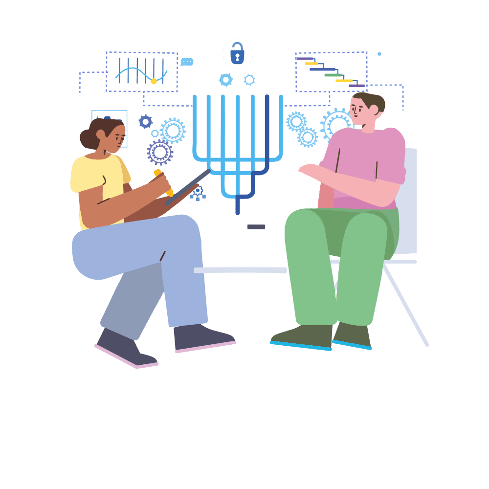 An illustration of two people sitting side by side on chairs, one of them holding a tablet, with a cloud of charts above them