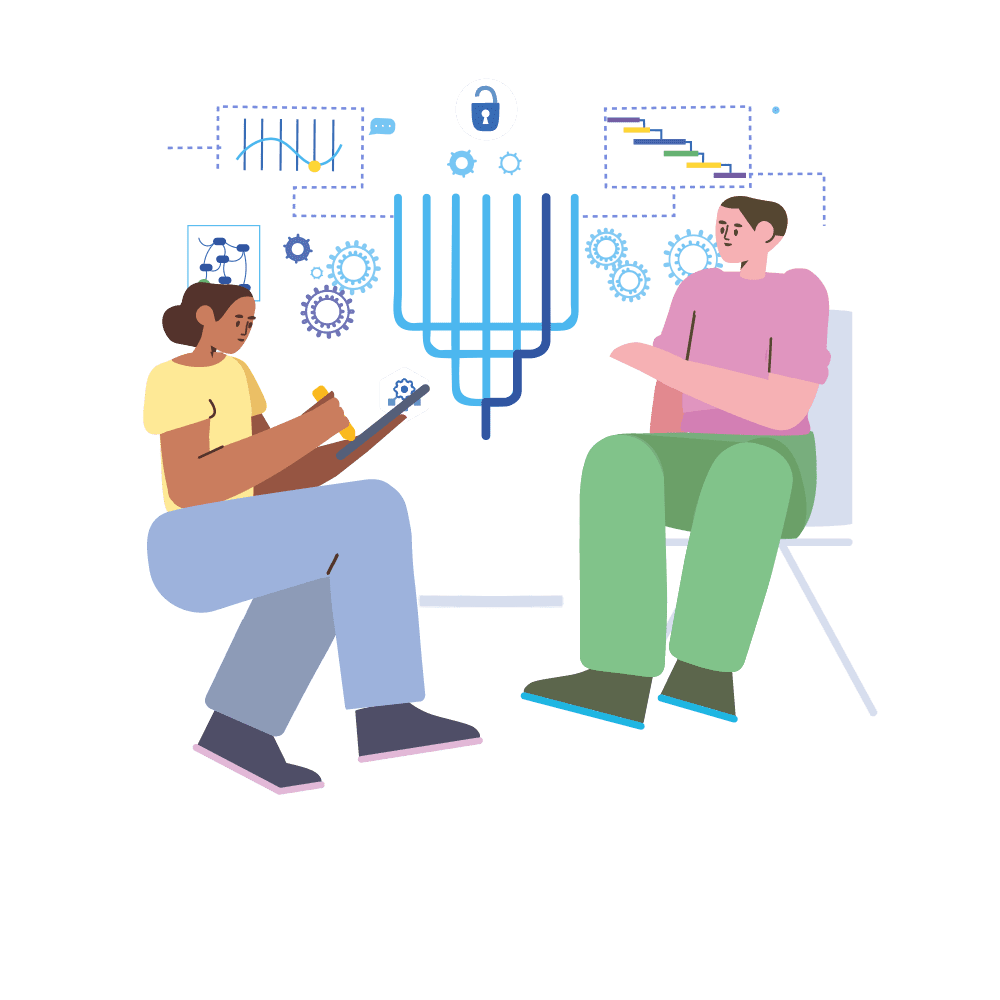 An illustration of two people sitting side by side on chairs, one of them holding a tablet, with a cloud of charts above them