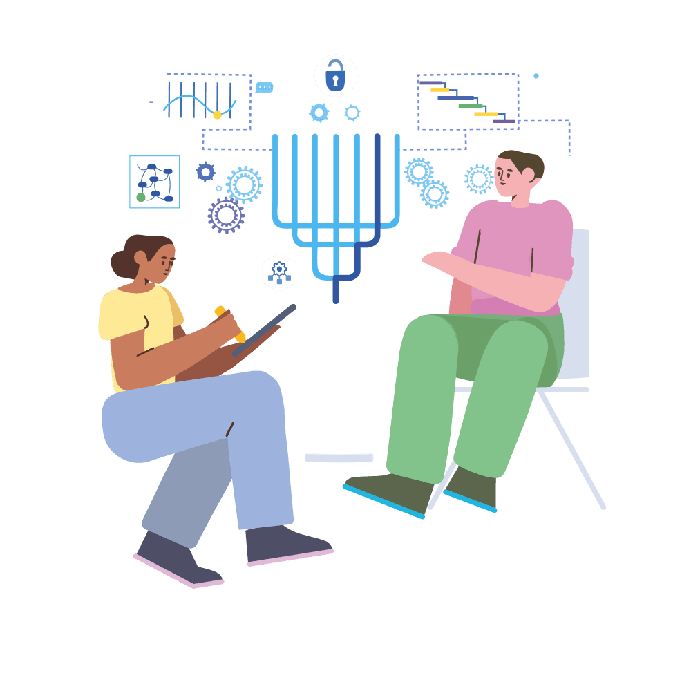 An illustration of two people sitting side by side on chairs, one of them holding a tablet, with a cloud of charts above them