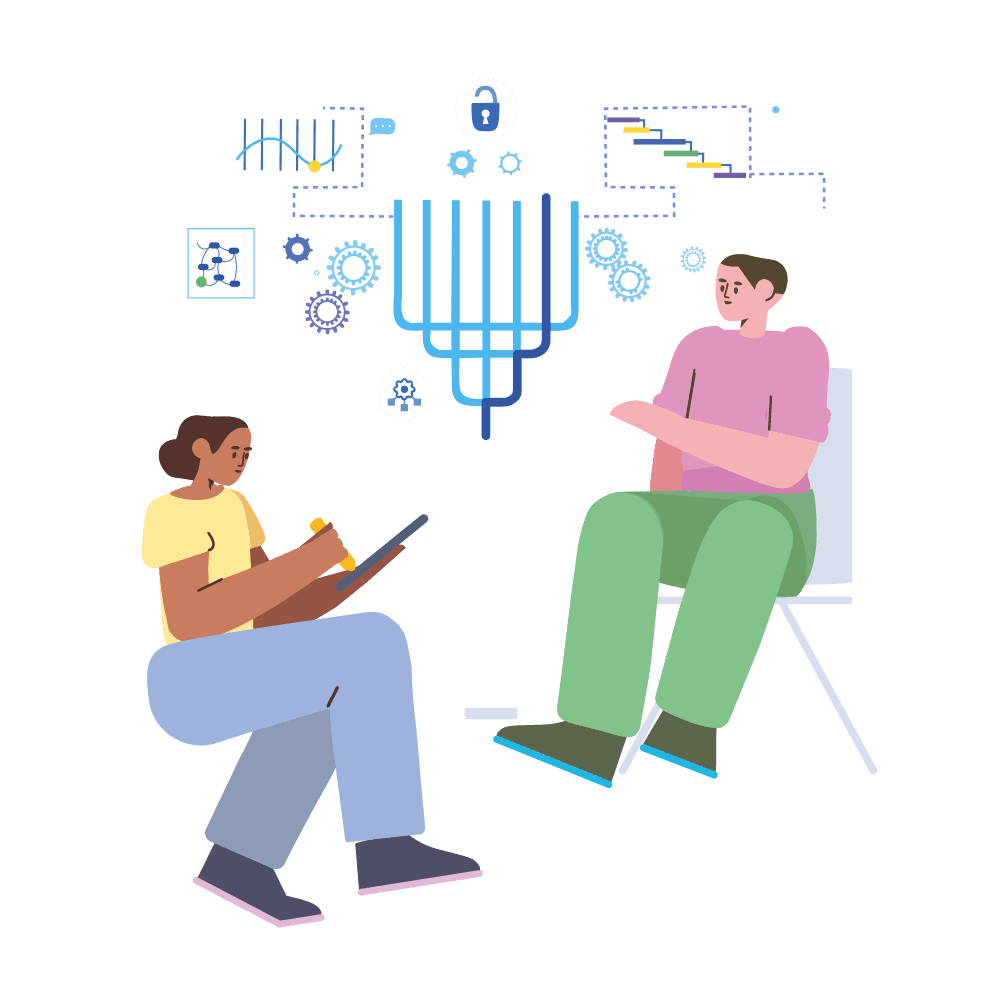 An illustration of two people sitting side by side on chairs, one of them holding a tablet, with a cloud of charts above them