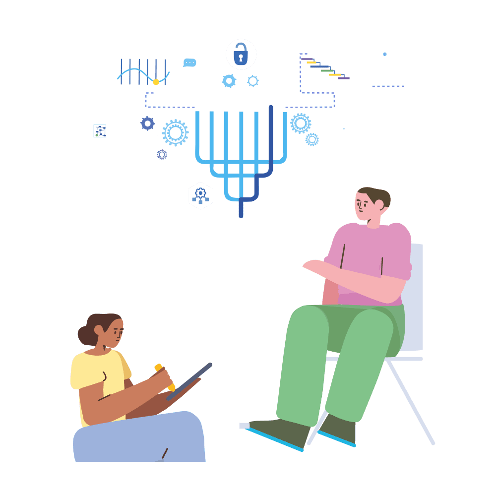 An illustration of two people sitting side by side on chairs, one of them holding a tablet, with a cloud of charts above them