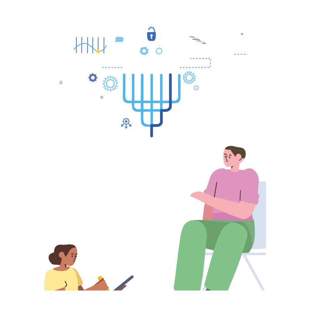 An illustration of two people sitting side by side, with a cloud of charts above them