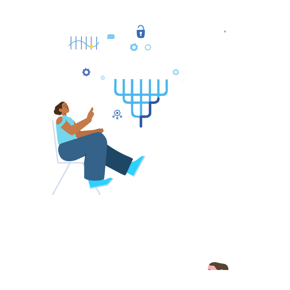 An illustration of a person sitting below a cloud of charts