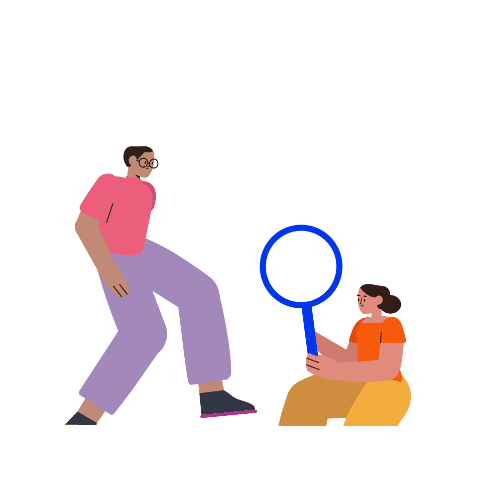 An illustration of two people standing side by side, one of whom is holding a magnifying glass