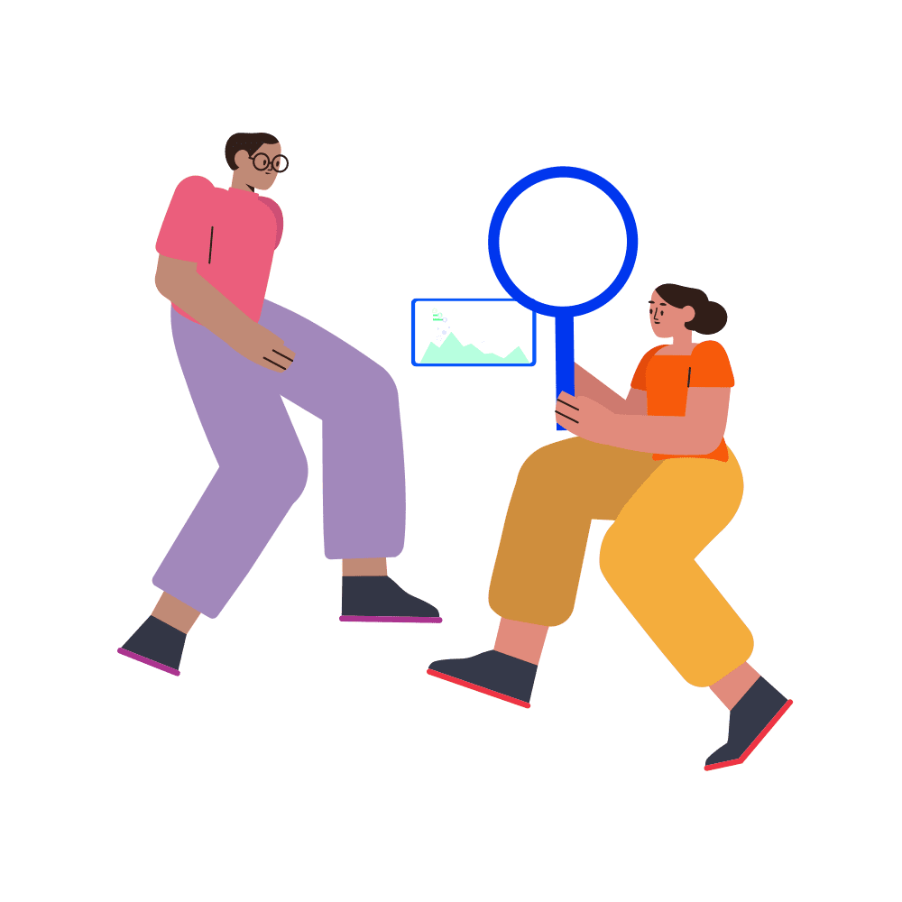 An illustration of two people standing side by side, one of whom is holding a magnifying glass over a screen