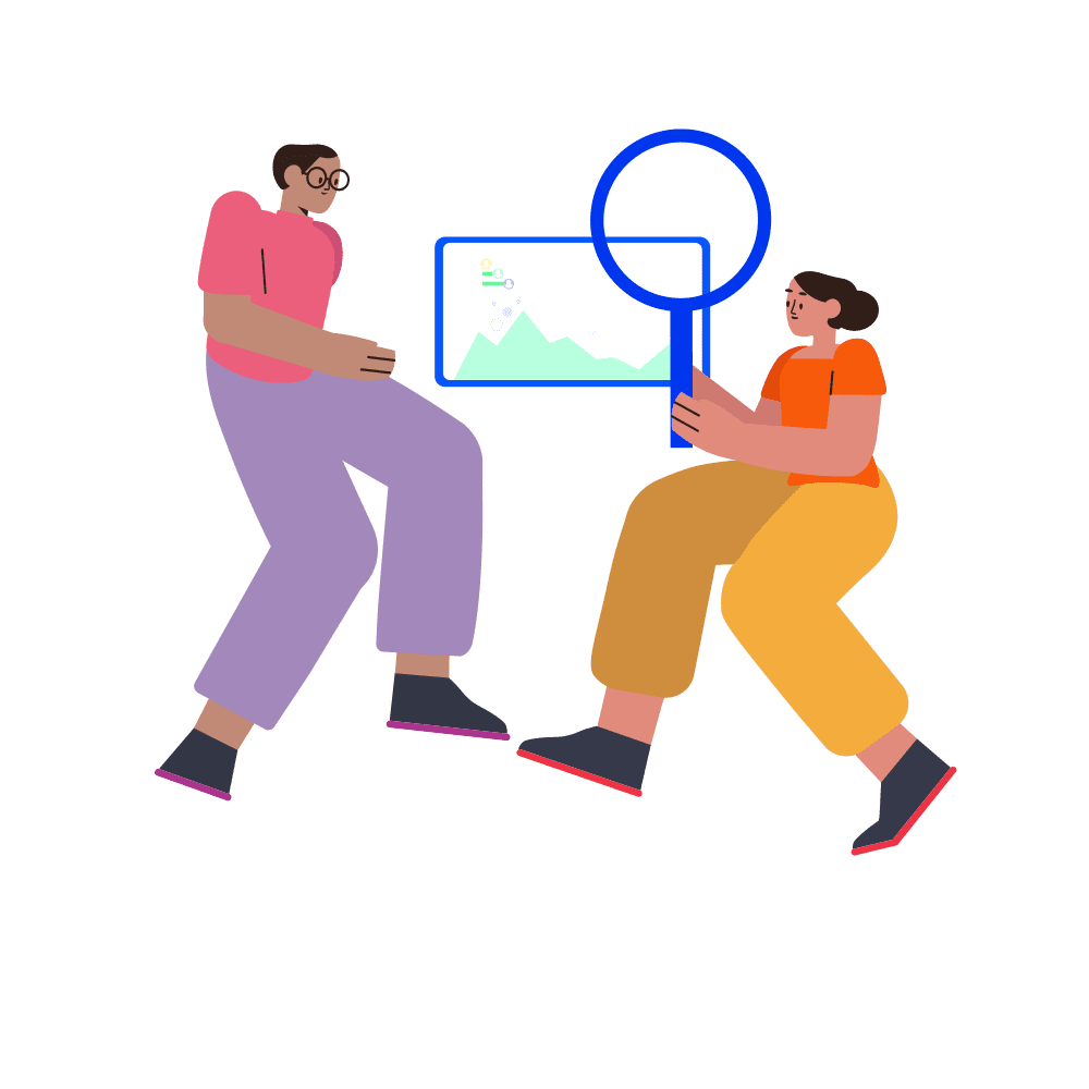 An illustration of two people standing side by side, one of whom is holding a magnifying glass over a screen