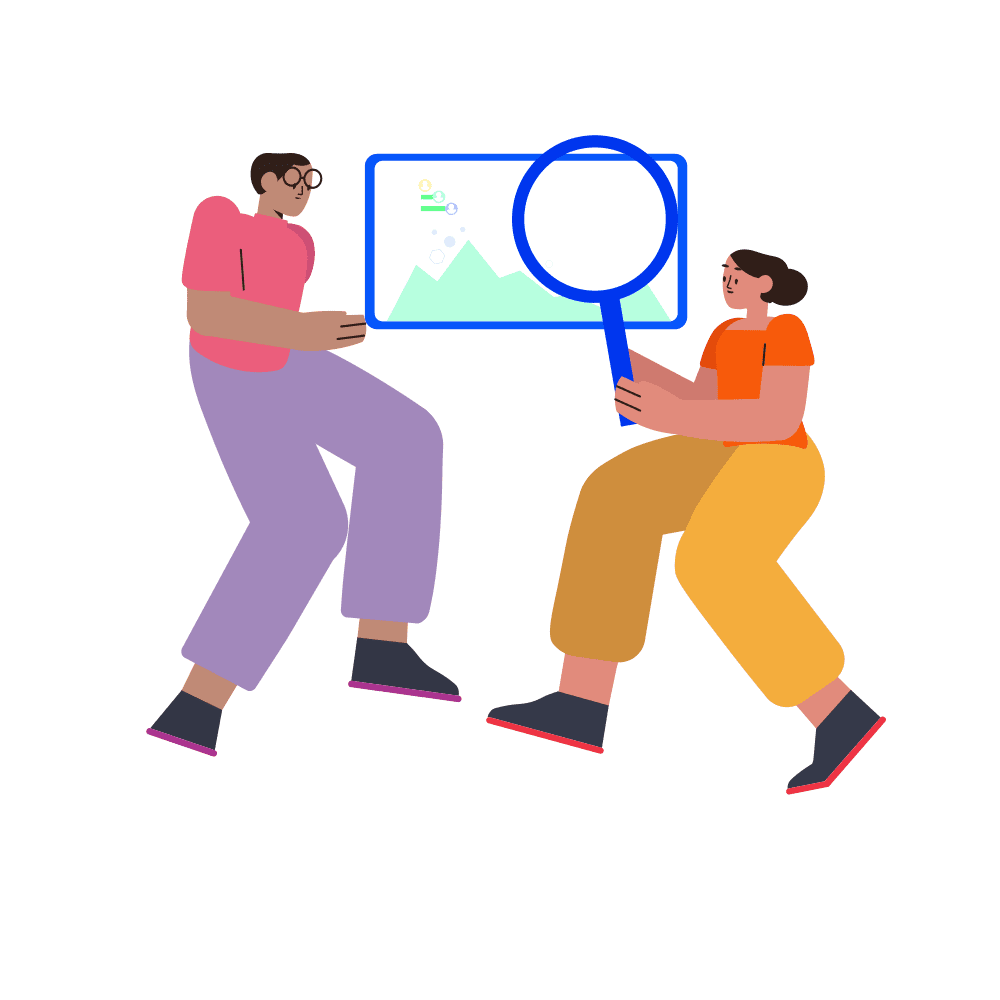 An illustration of two people standing side by side, one of whom is holding a magnifying glass over a screen