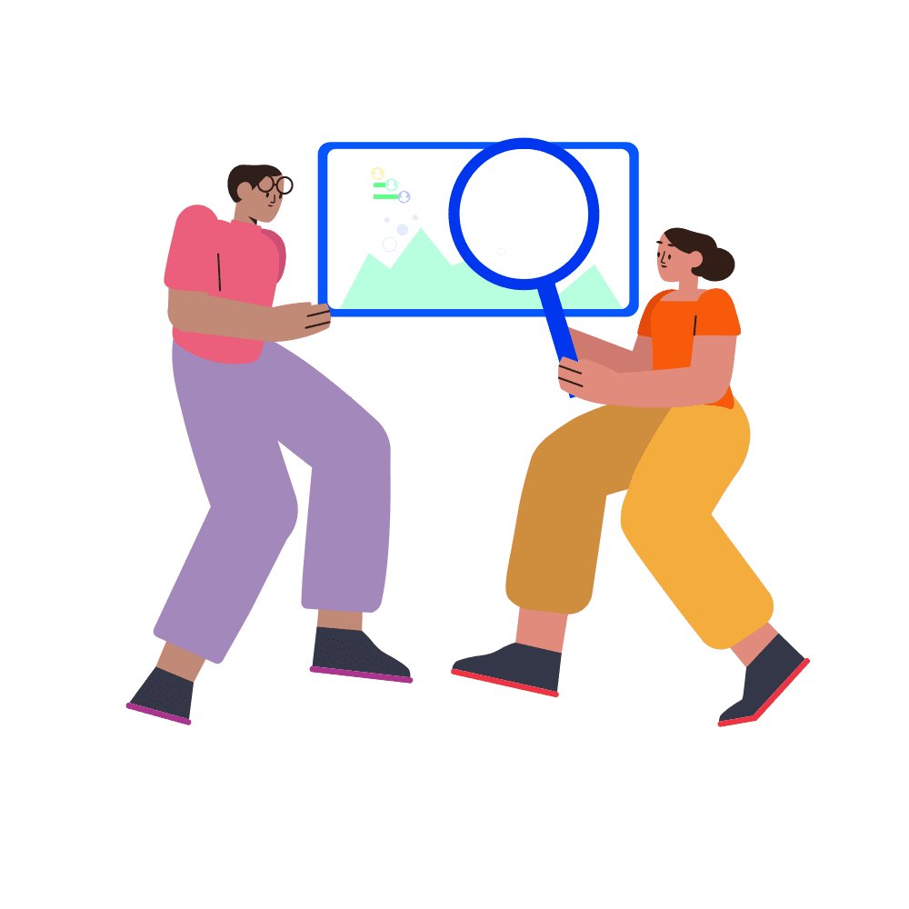 An illustration of two people standing side by side, one of whom is holding a magnifying glass over a screen