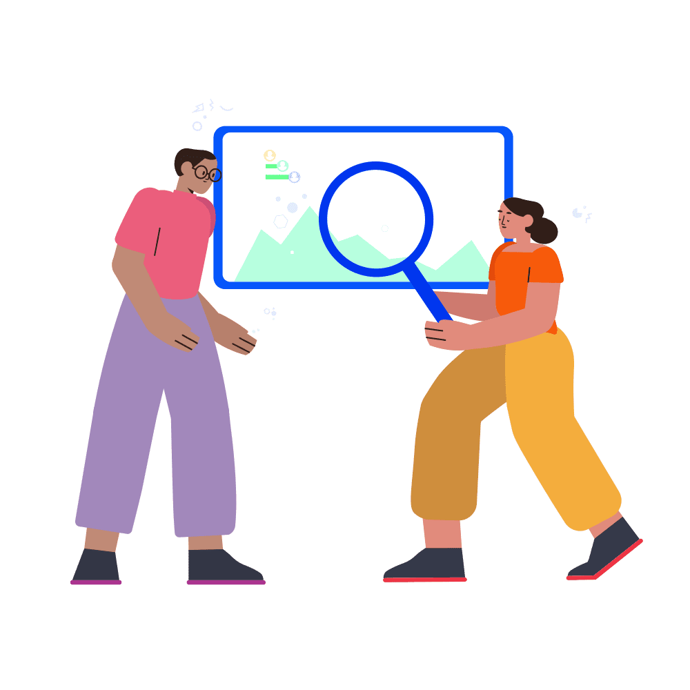 An illustration of two people standing side by side, one of whom is holding a magnifying glass over a screen surrounded by a cloud of charts