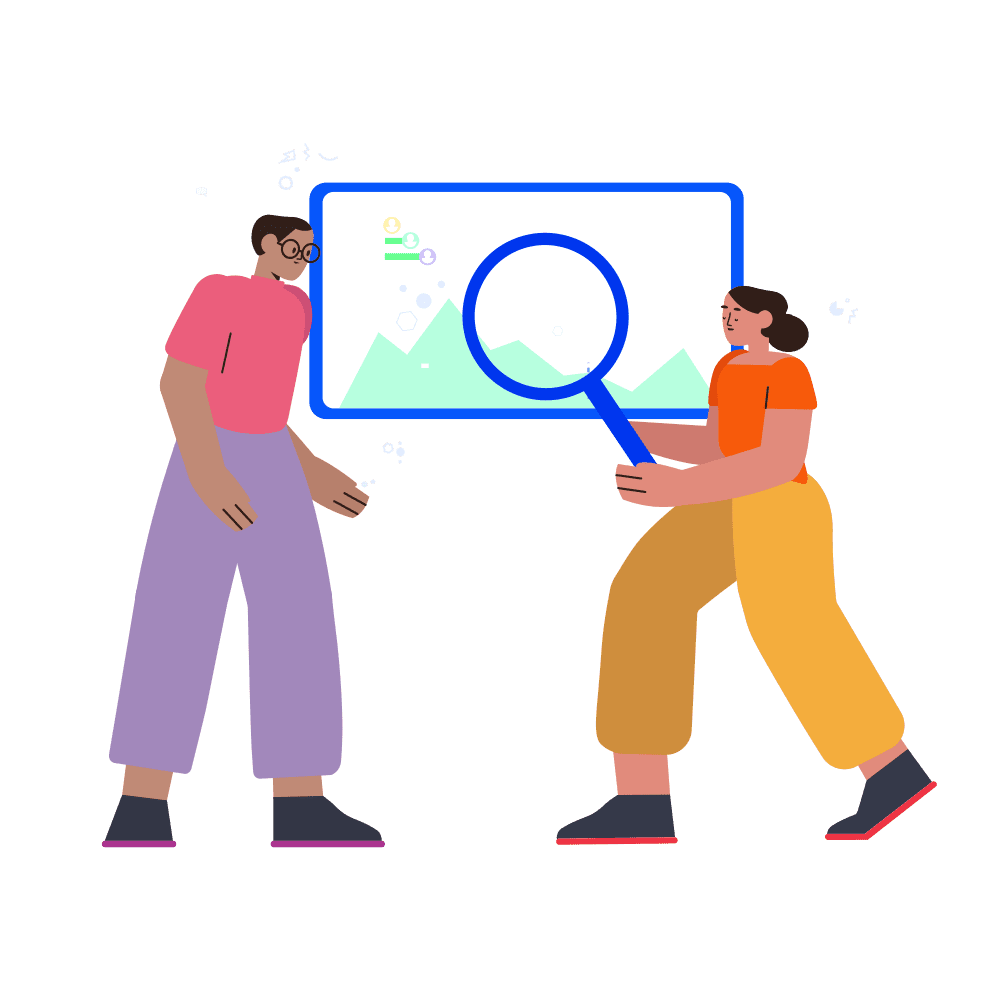 An illustration of two people standing side by side, one of whom is holding a magnifying glass over a screen surrounded by a cloud of charts