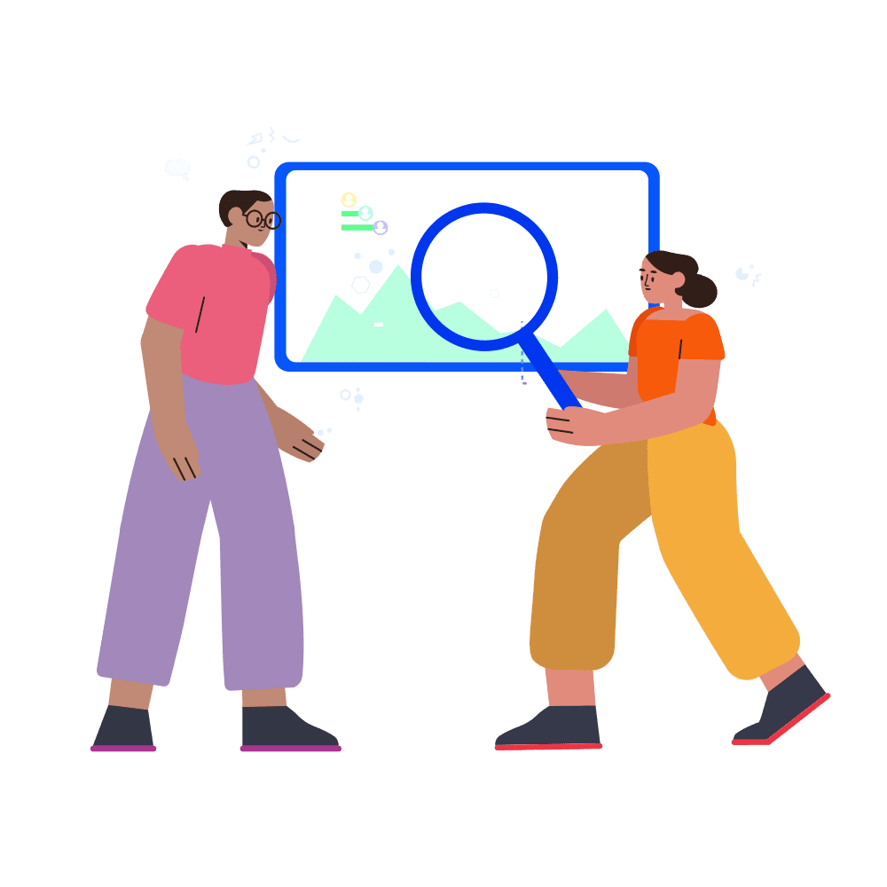 An illustration of two people standing side by side, one of whom is holding a magnifying glass over a screen surrounded by a cloud of charts