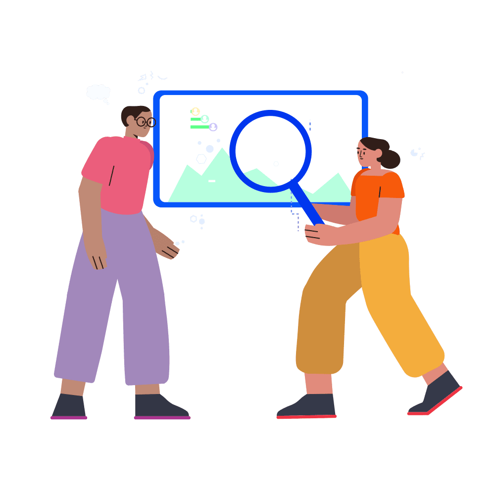 An illustration of two people standing side by side, one of whom is holding a magnifying glass over a screen surrounded by a cloud of charts