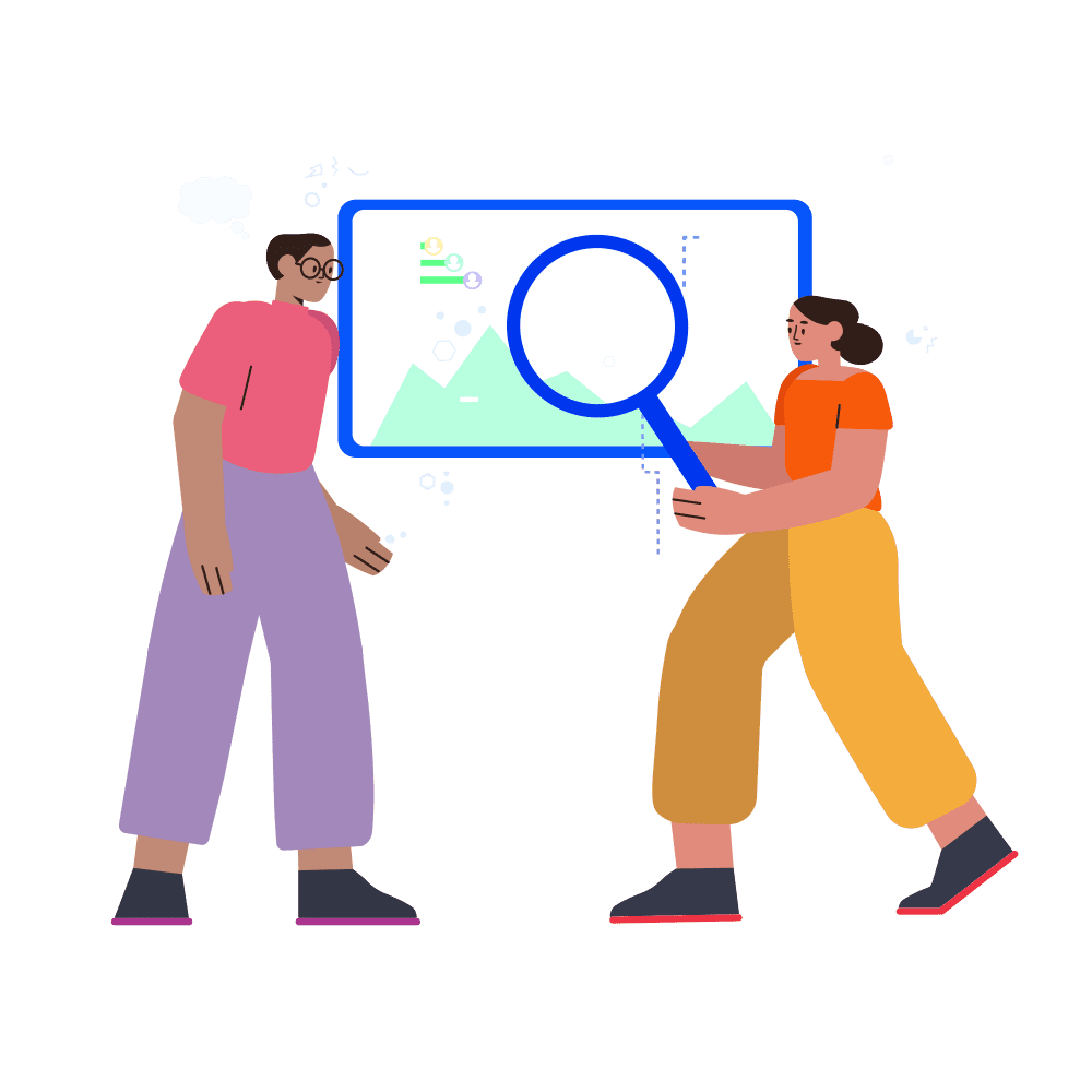 An illustration of two people standing side by side, one of whom is holding a magnifying glass over a screen surrounded by a cloud of charts