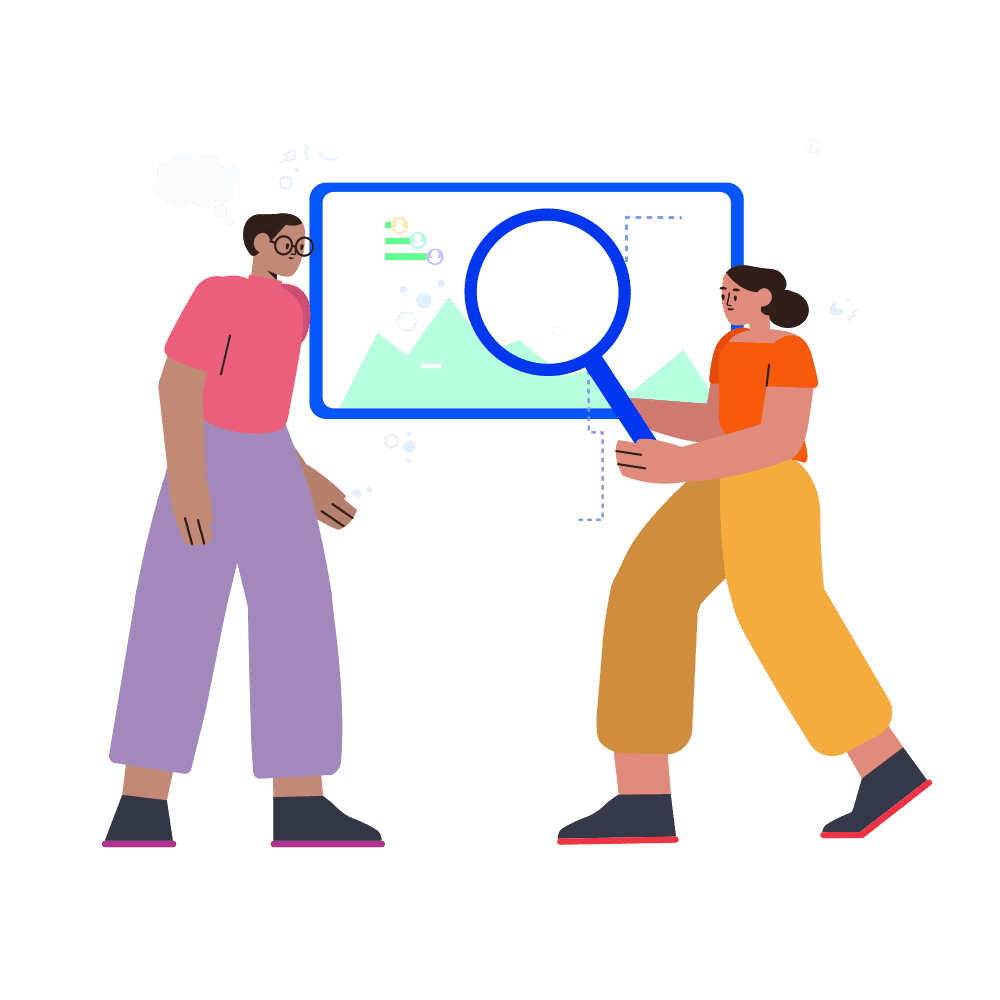 An illustration of two people standing side by side, one of whom is holding a magnifying glass over a screen surrounded by a cloud of charts