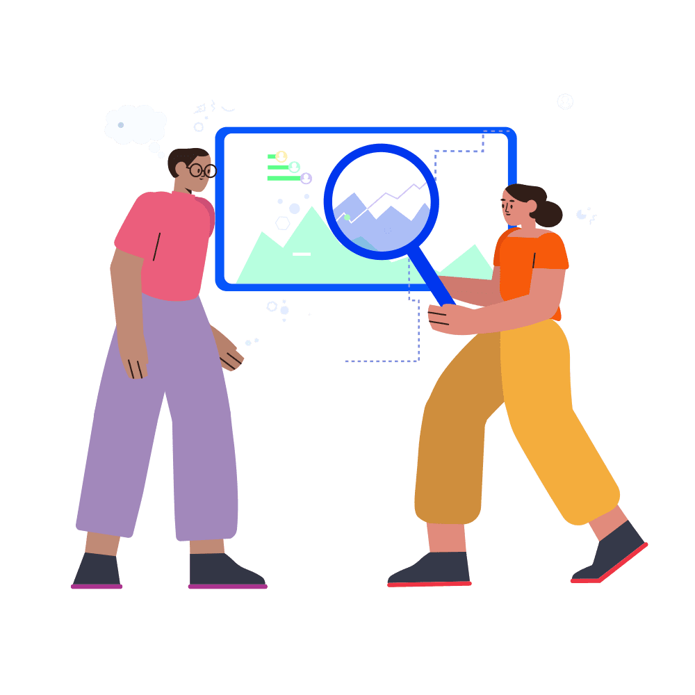 An illustration of two people standing side by side, one of whom is holding a magnifying glass over a screen surrounded by a cloud of charts