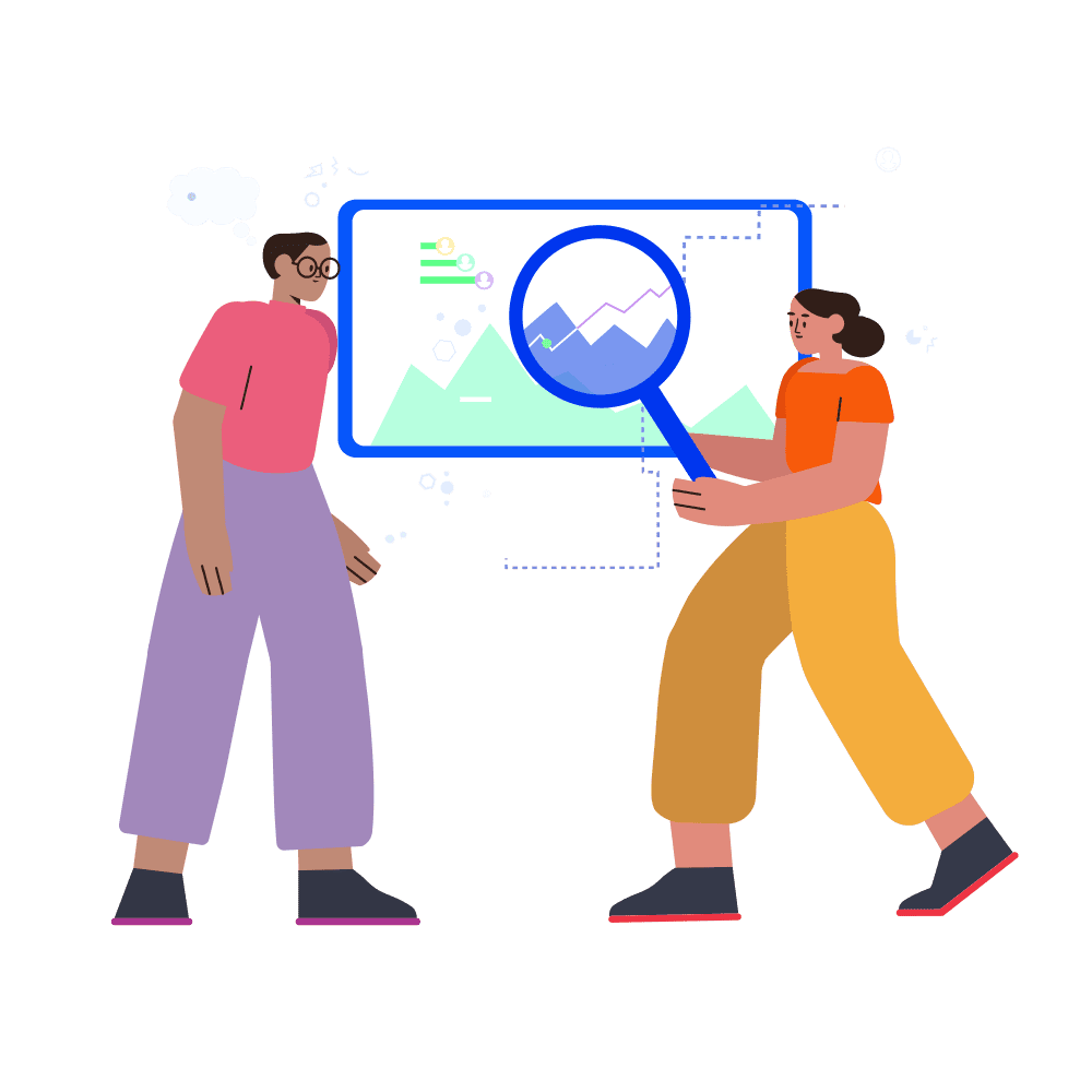 An illustration of two people standing side by side, one of whom is holding a magnifying glass over a screen surrounded by a cloud of charts