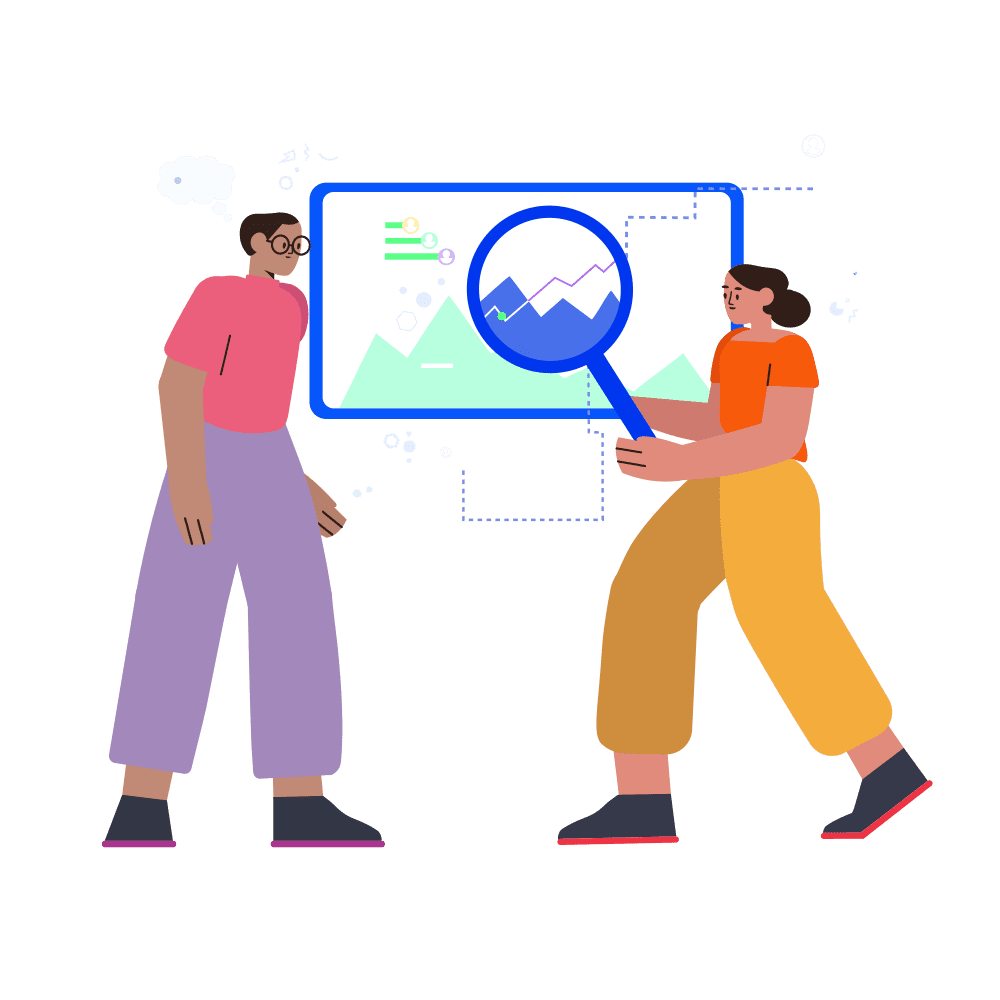 An illustration of two people standing side by side, one of whom is holding a magnifying glass over a screen surrounded by a cloud of charts