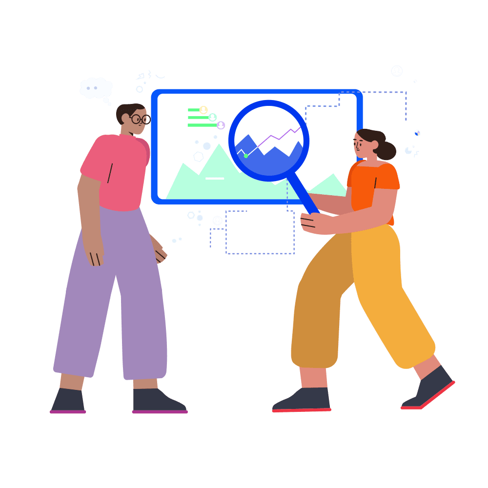 An illustration of two people standing side by side, one of whom is holding a magnifying glass over a screen surrounded by a cloud of charts