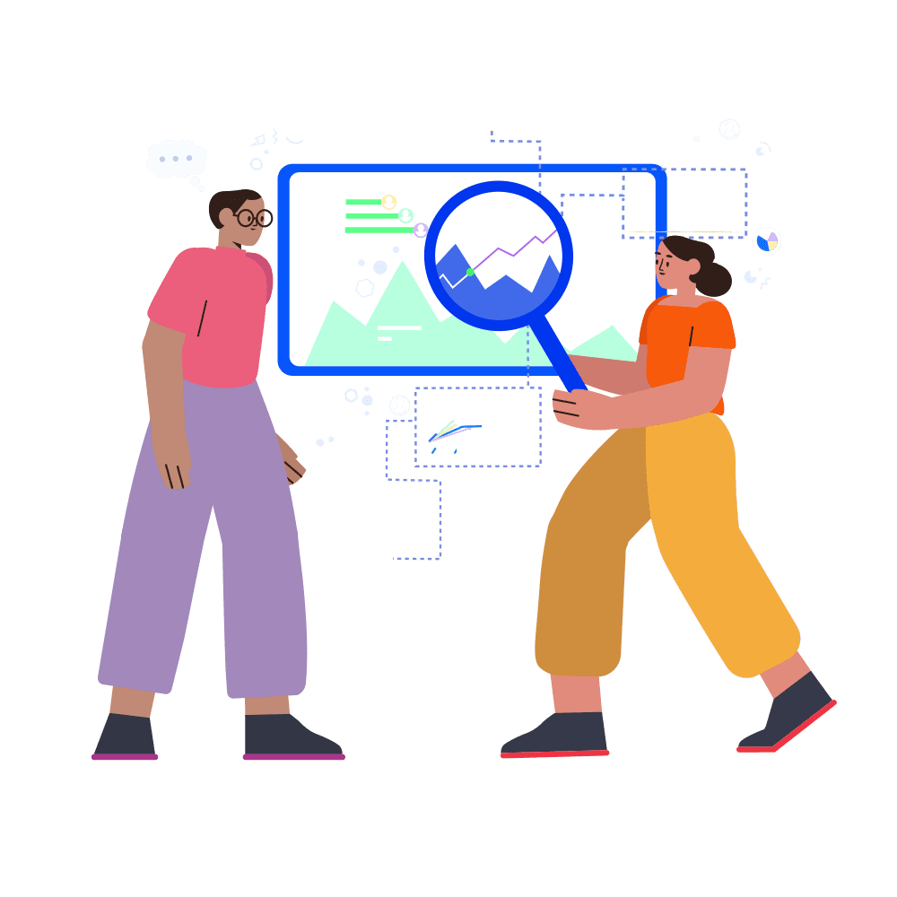 An illustration of two people standing side by side, one of whom is holding a magnifying glass over a screen surrounded by a cloud of charts