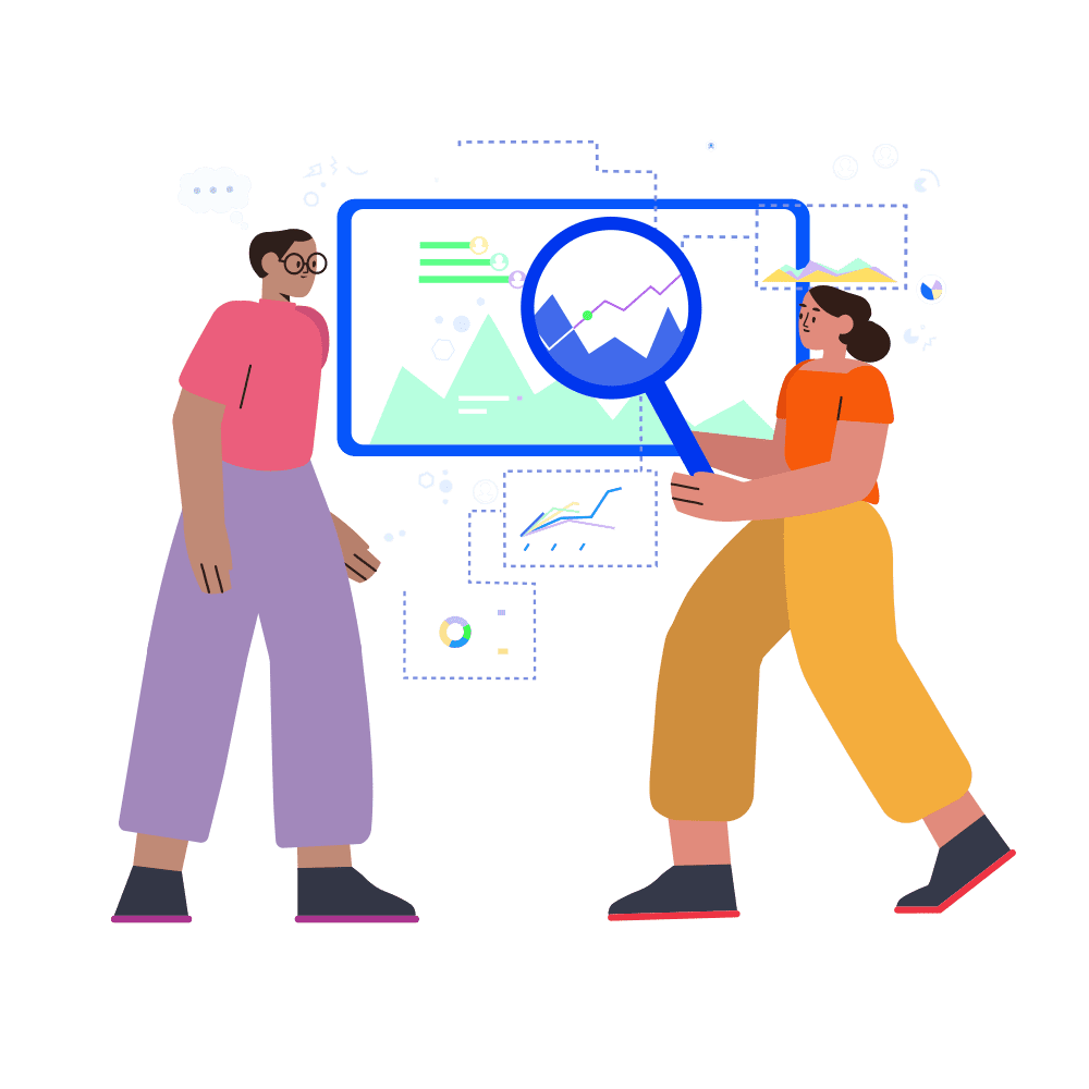 An illustration of two people standing side by side, one of whom is holding a magnifying glass over a screen surrounded by a cloud of charts