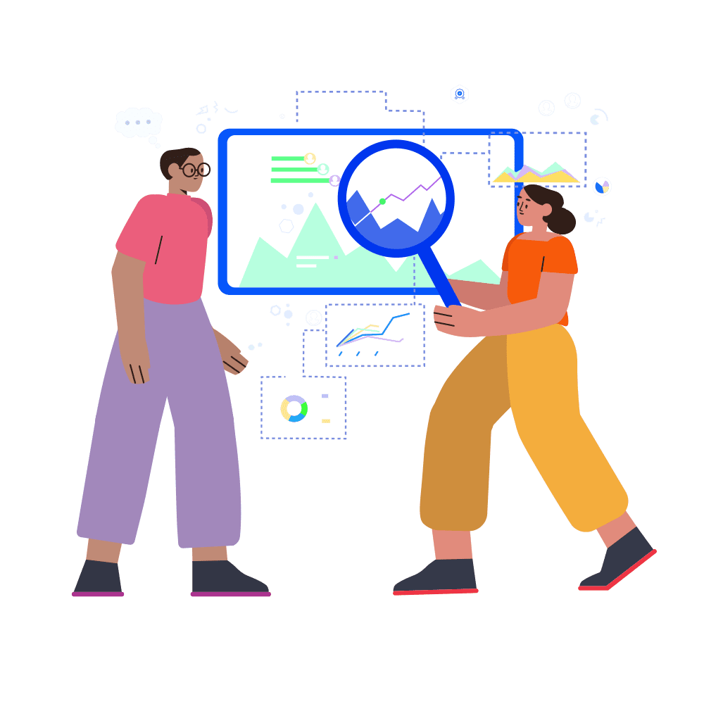 An illustration of two people standing side by side, one of whom is holding a magnifying glass over a screen surrounded by a cloud of charts