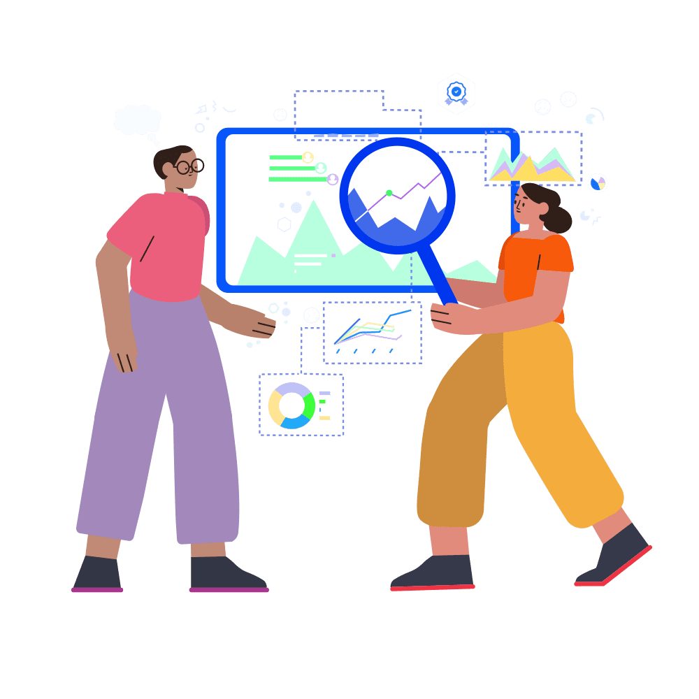 An illustration of two people standing side by side, one of whom is holding a magnifying glass over a screen surrounded by a cloud of charts