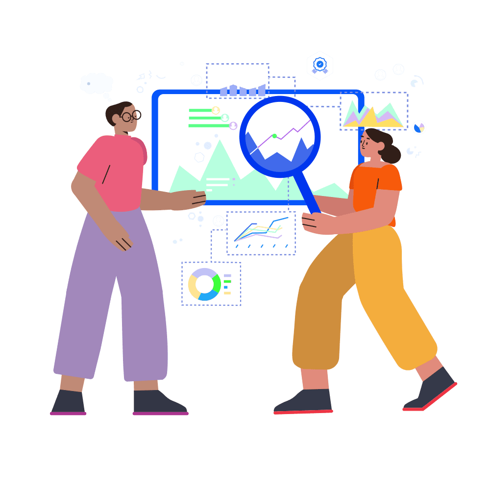 An illustration of two people standing side by side, one of whom is holding a magnifying glass over a screen surrounded by a cloud of charts