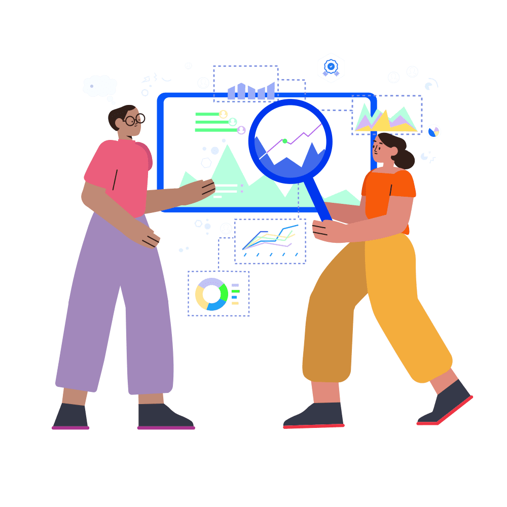 An illustration of two people standing side by side, one of whom is holding a magnifying glass over a screen surrounded by a cloud of charts