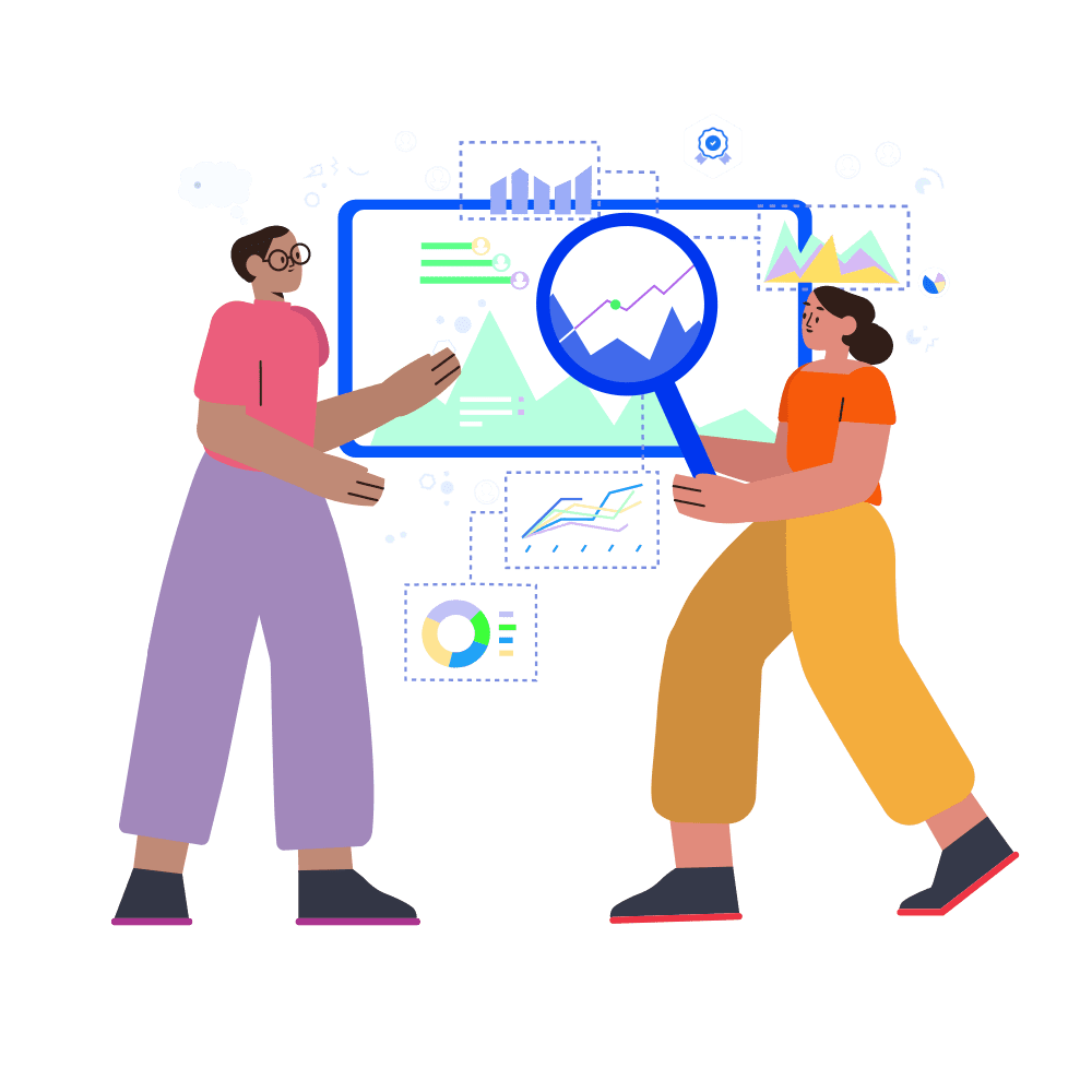 An illustration of two people standing side by side, one of whom is holding a magnifying glass over a screen surrounded by a cloud of charts