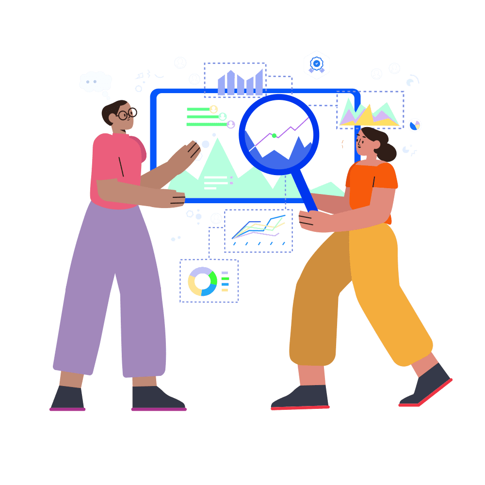 An illustration of two people standing side by side, one of whom is holding a magnifying glass over a screen surrounded by a cloud of charts